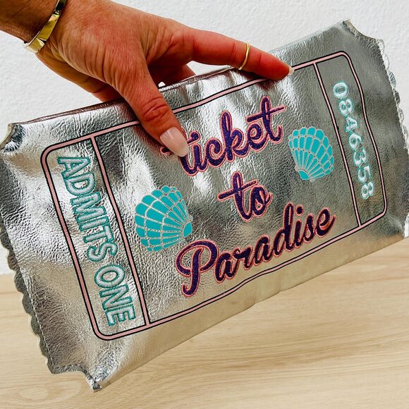Charming Charlie "Ticket to Paradise" Silver Clutch Purse 13" x 7" / Whimsical - Picture 3 of 16